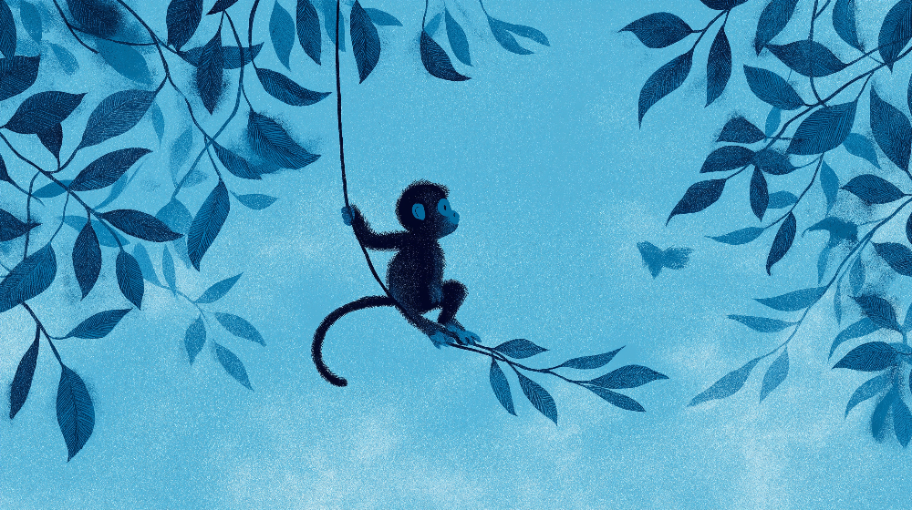 Blue Jungle Monkey Swinging Through Leaves Wall Mural