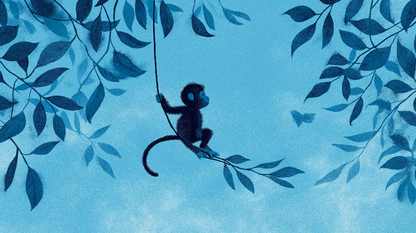 Kids-Mundo flat artwork preview of a silhouetted monkey swinging through a deep blue jungle.