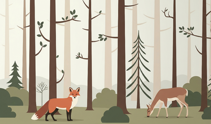 Kids-Mundo flat artwork of a minimalist fox and grazing deer among birch and pine trees