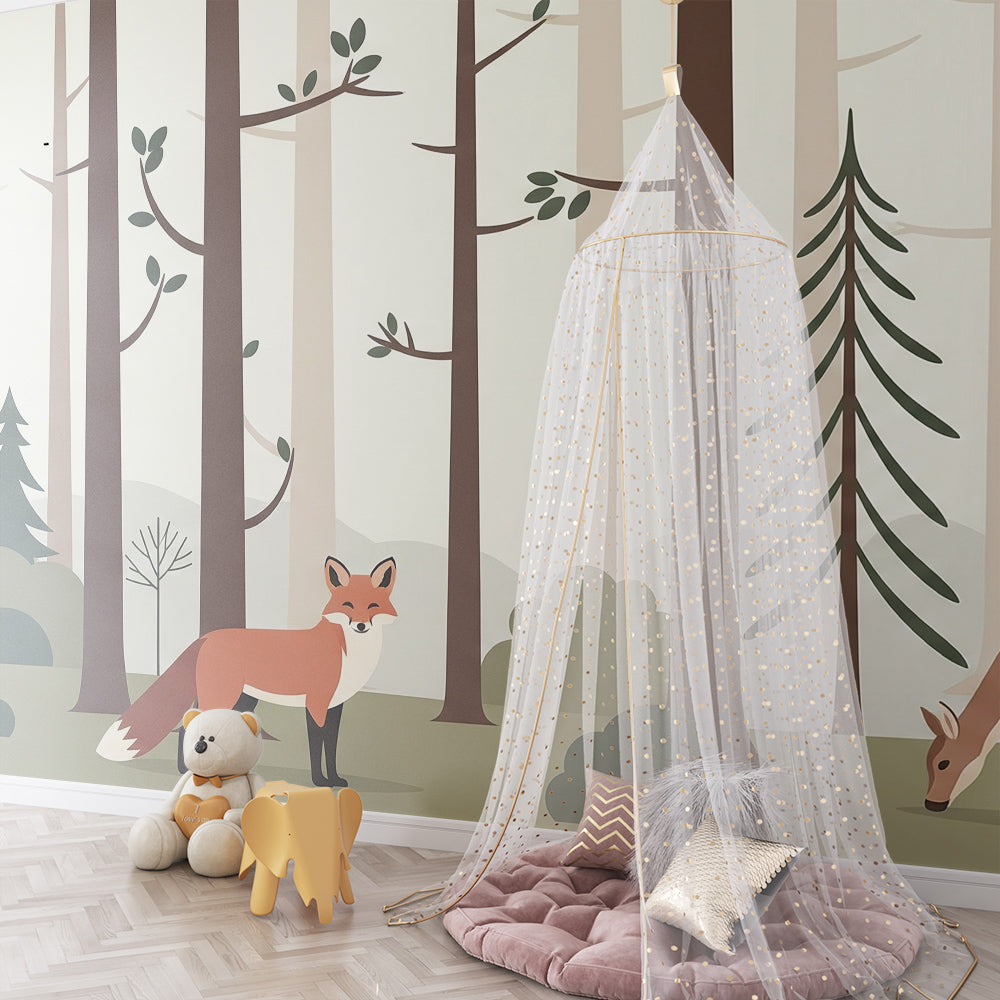 Kids-Mundo minimalist woodland mural with fox and deer set in a playroom