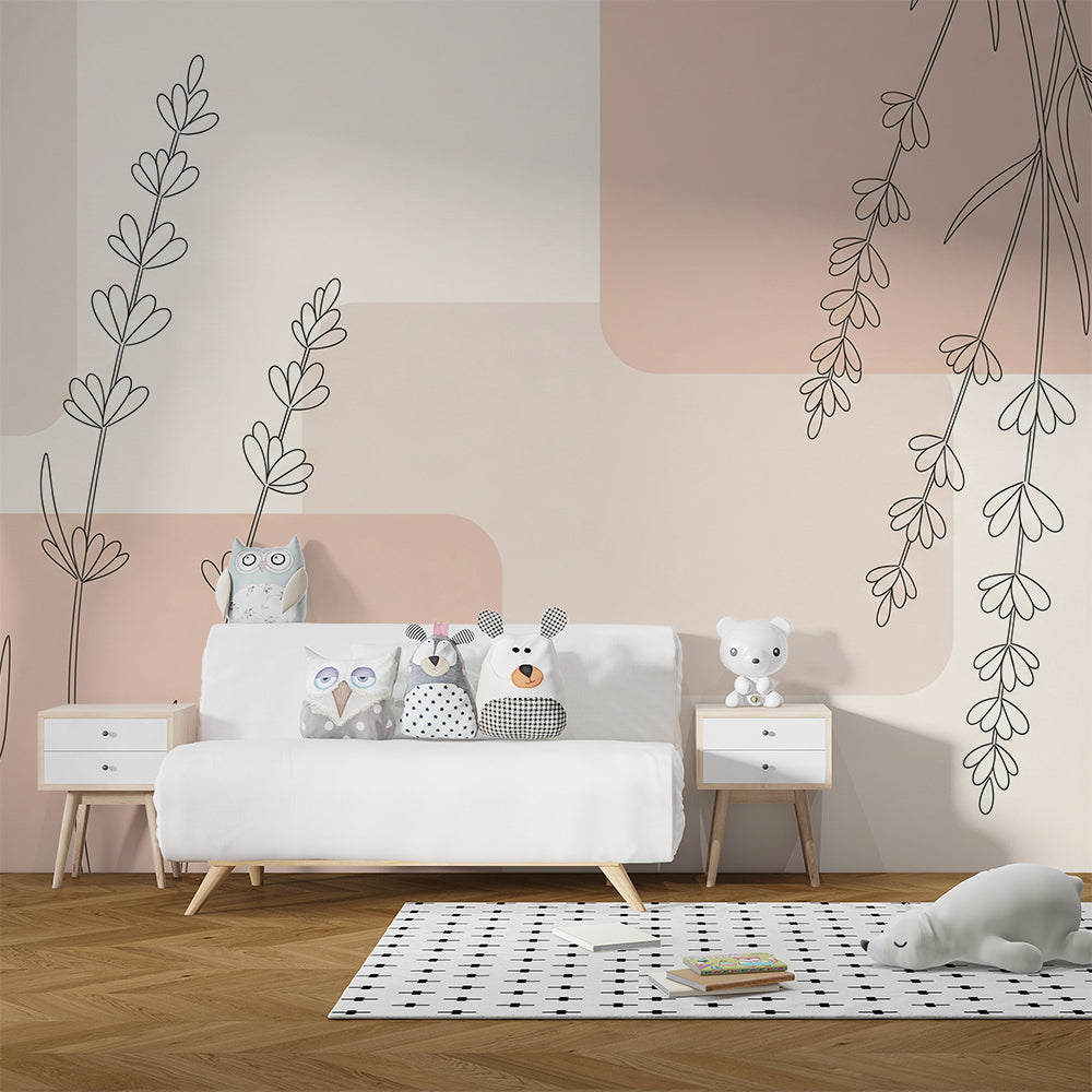 Kids-Mundo minimalist botanical mural brightening a quiet children's playroom wall