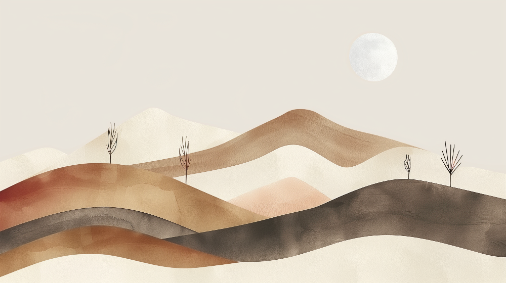Kids-Mundo flat artwork of layered minimalist mountains in earthy tones with a pale moon