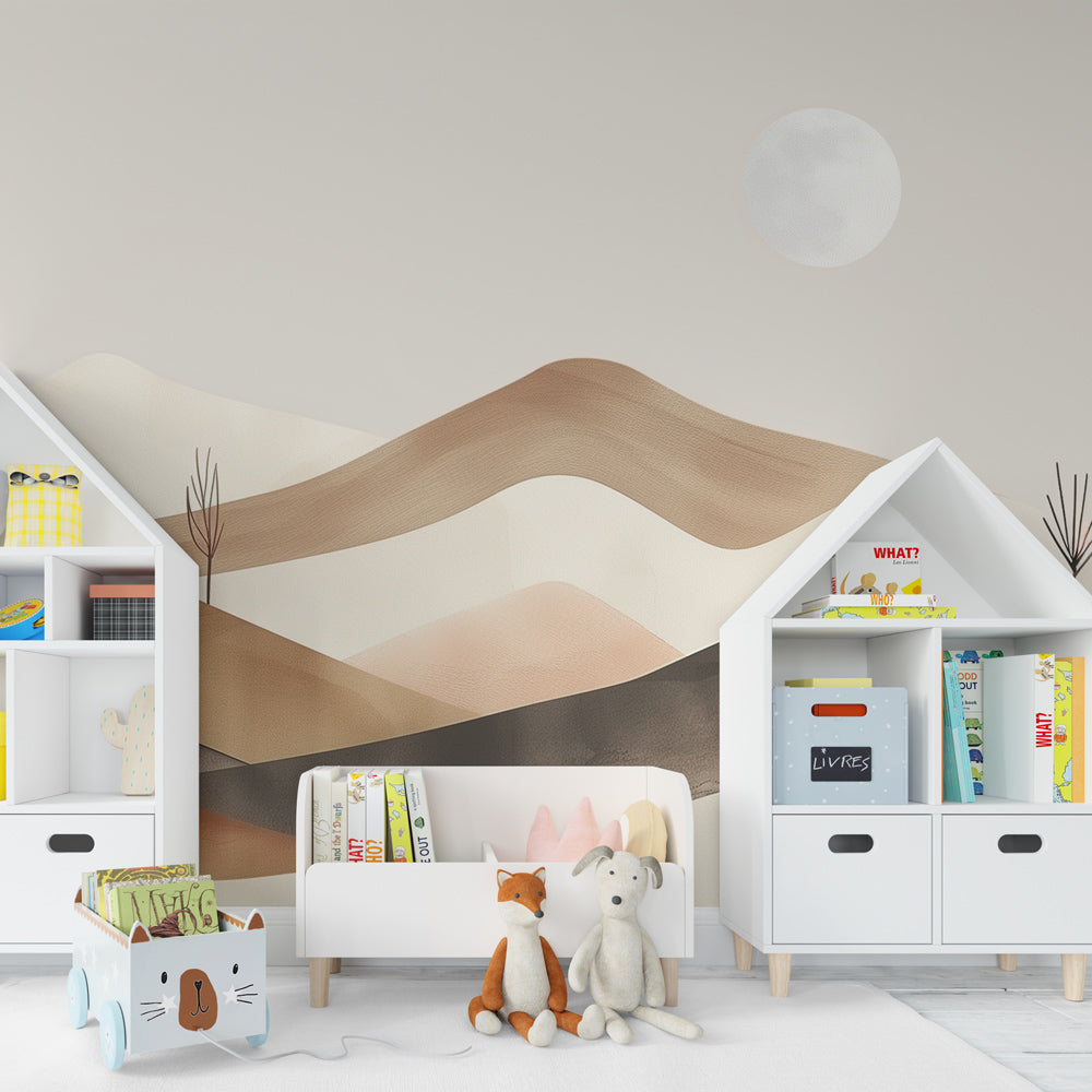 Kids-Mundo mountain wall mural with rising moon displayed on a playroom wall