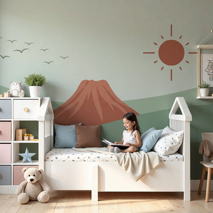 Kids-Mundo minimalist mountain wall mural styled in a calm sage green nursery
