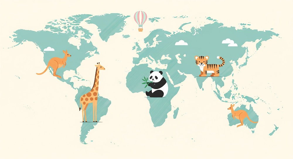 Mint World Map with Kangaroo, Tiger and Panda Wall Mural