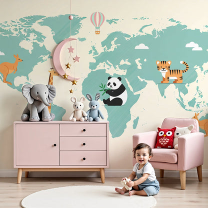 Mint world map wall mural with kangaroo and tiger painted in a Kids-Mundo nursery