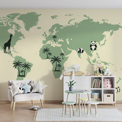 Kids-Mundo mint world map wall mural with pandas and giraffe covering a wall in a kids' bedroom