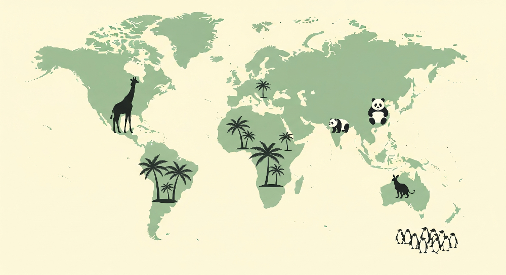 Kids-Mundo flat artwork of a mint green world map with a giraffe, palm trees, pandas and penguins