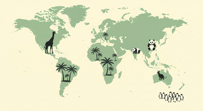 Kids-Mundo flat artwork of a mint green world map with a giraffe, palm trees, pandas and penguins