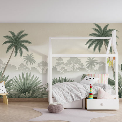 Kids-Mundo misty jungle palm wall mural in a soft neutral kids bedroom