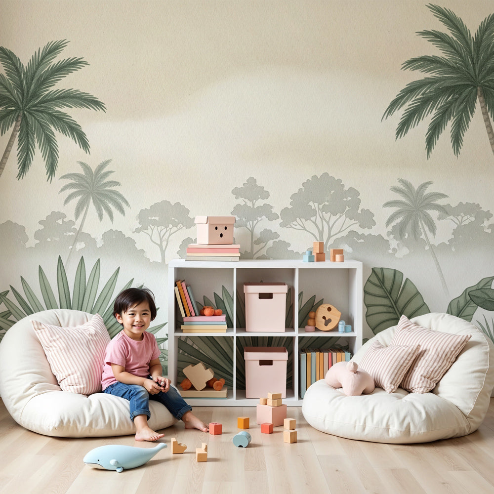 Kids-Mundo soft beige jungle wall mural behind a white cot in a calm nursery