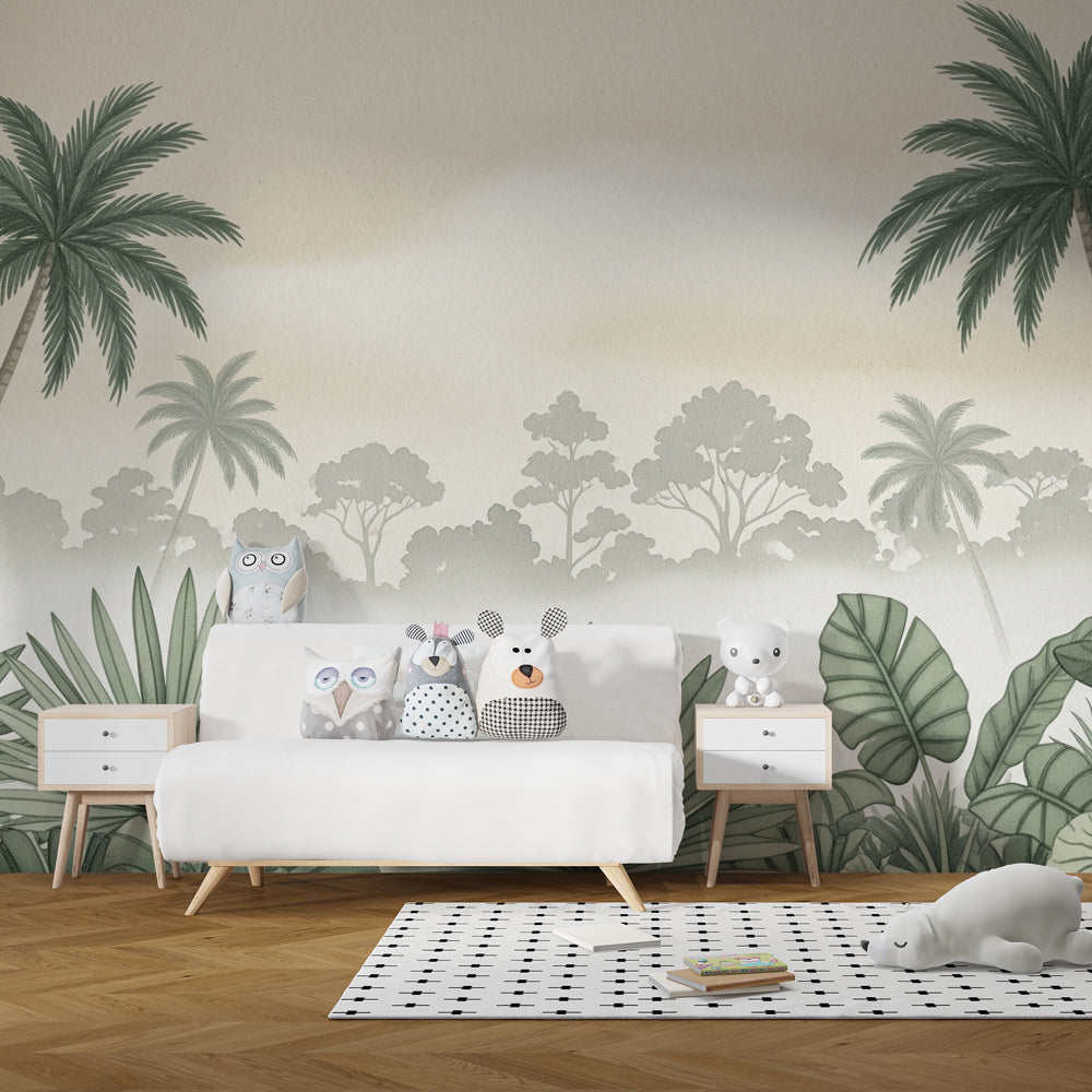 Kids-Mundo beige jungle wall mural as a gentle backdrop in a children's playroom