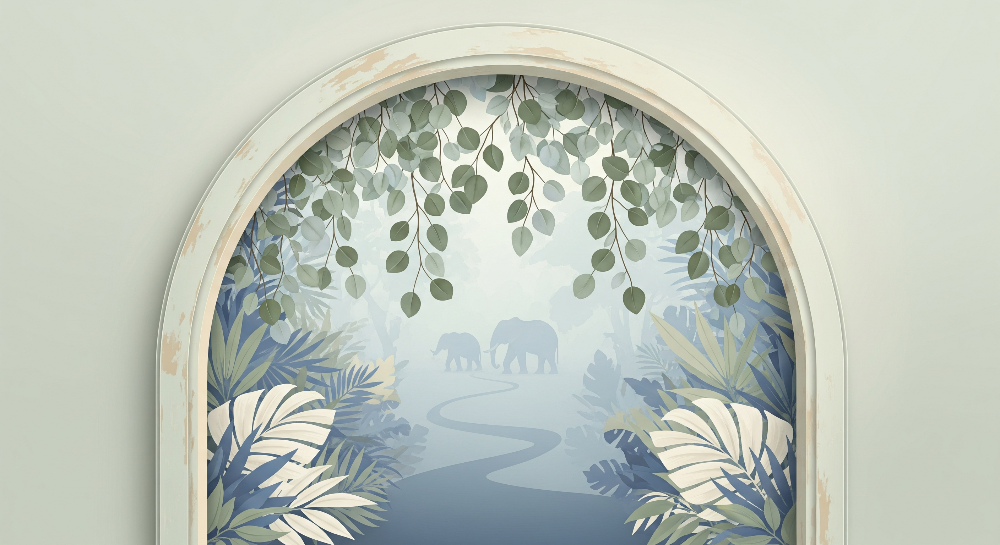 Kids-Mundo flat artwork of two elephants on a path through a misty blue jungle arch