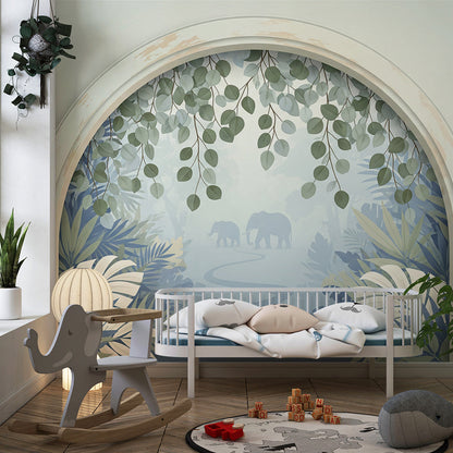 Kids-Mundo misty jungle elephant wall mural covering a wall in a playroom
