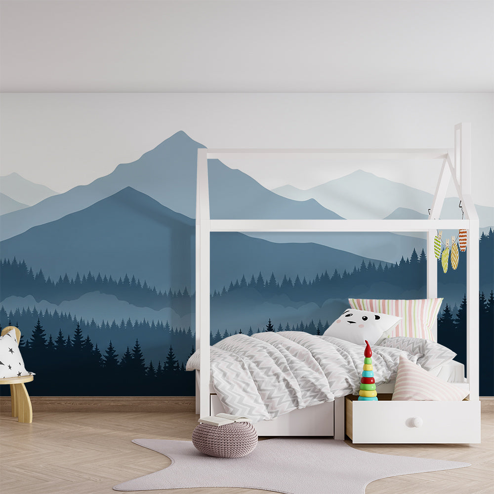 Kids-Mundo blue mountain wall mural covering a wall behind a single bed in a child's bedroom