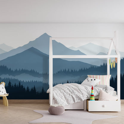 Kids-Mundo blue mountain wall mural covering a wall behind a single bed in a child's bedroom