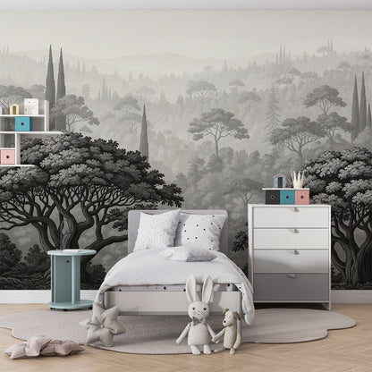 Kids-Mundo cypress woodland wall mural as a bold feature wall in a child's bedroom