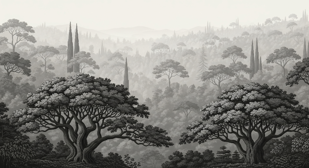 Kids-Mundo grey woodland mural artwork featuring cypress trees and hazy distant hills