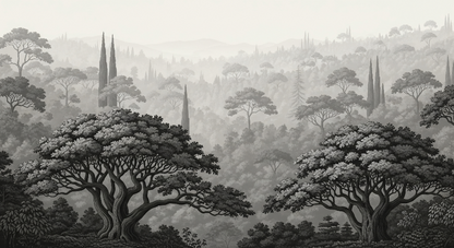 Kids-Mundo grey woodland mural artwork featuring cypress trees and hazy distant hills