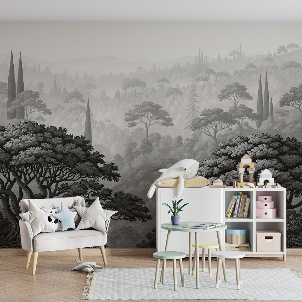 Kids-Mundo misty woodland wall mural bringing atmosphere to a bright children's playroom