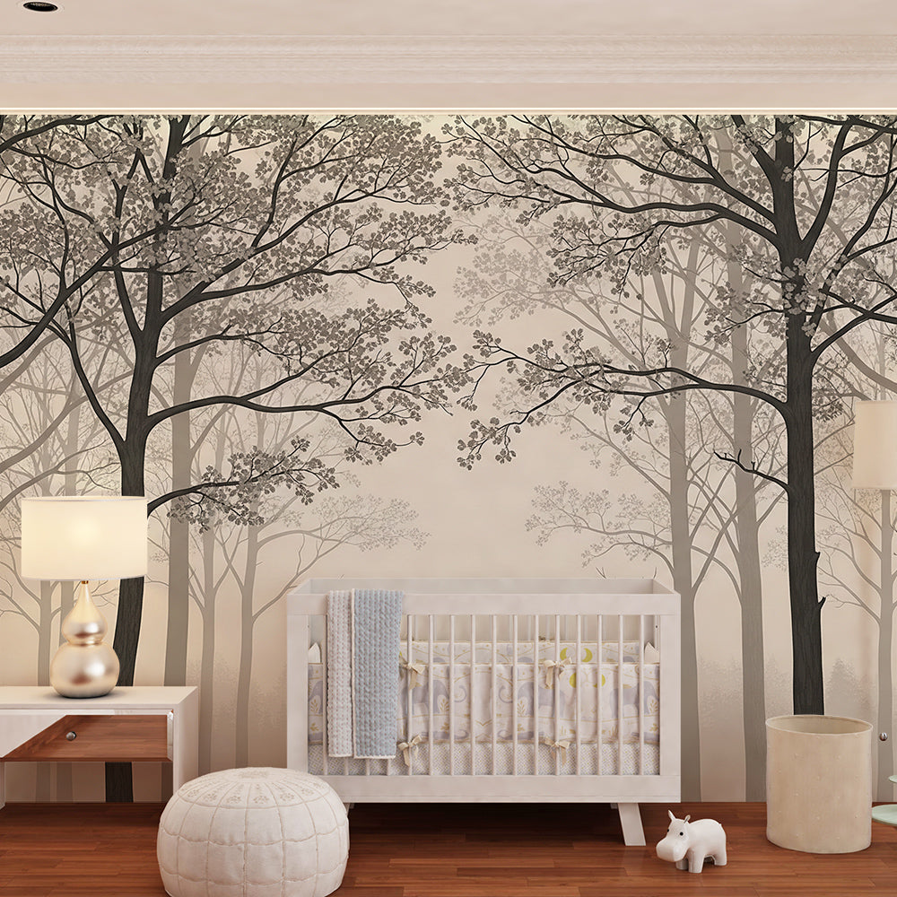Kids-Mundo tall misty forest wall mural as a striking feature wall in a kids bedroom