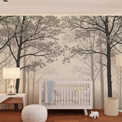 Kids-Mundo tall misty forest wall mural as a striking feature wall in a kids bedroom