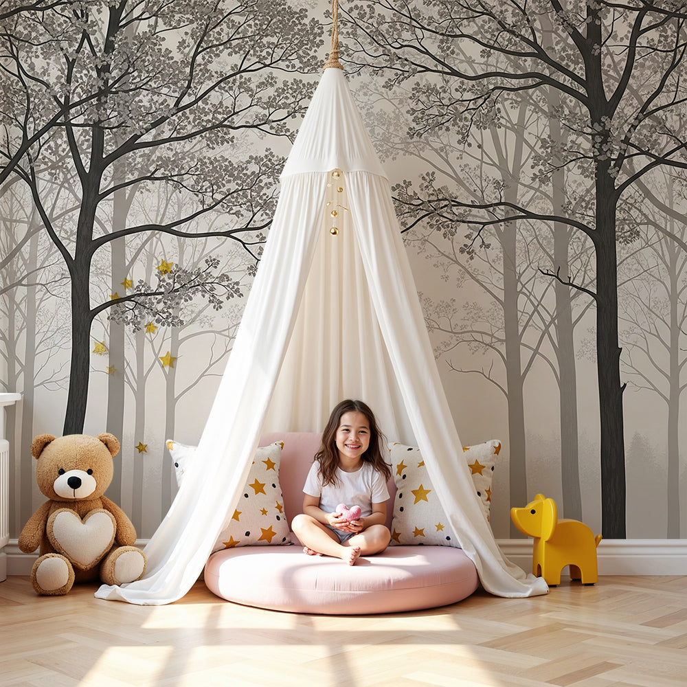 Kids-Mundo misty forest wall mural behind a cot in a soft, calming nursery