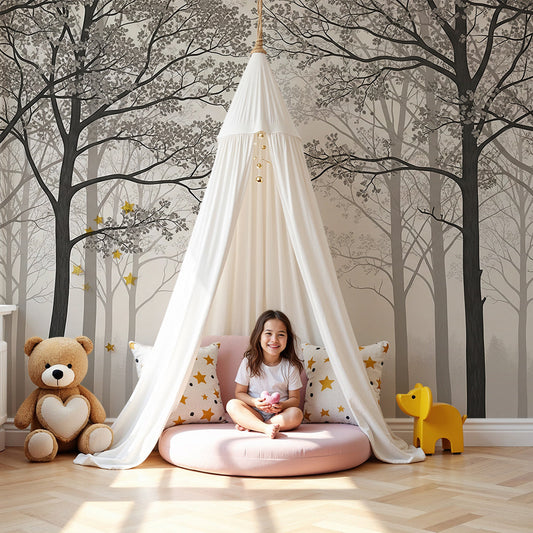Kids-Mundo misty forest wall mural behind a cot in a soft, calming nursery