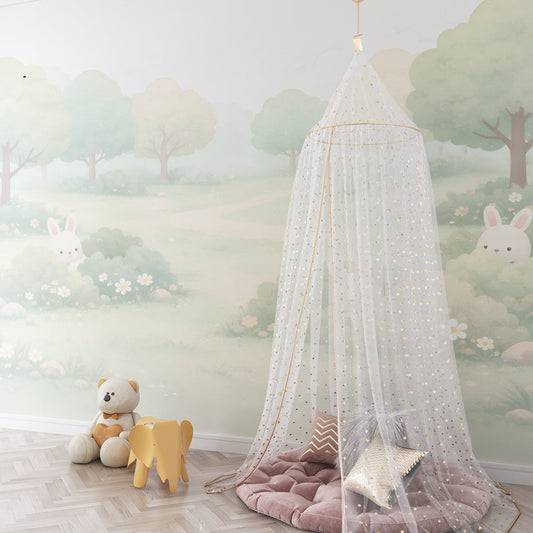 Kids-Mundo misty bunny forest wall mural bringing soft green woodland tones to a kids bedroom wall