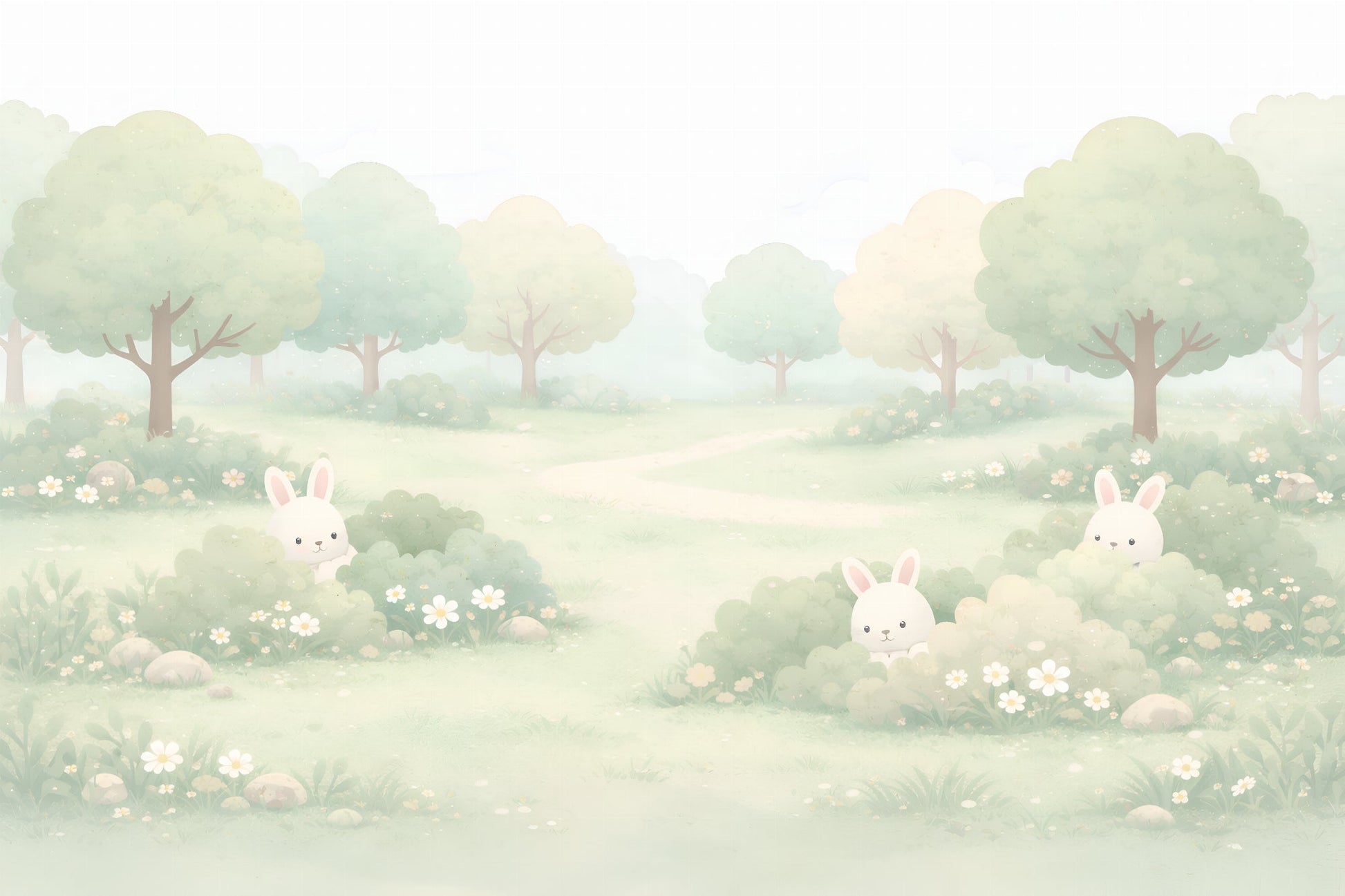 Kids-Mundo bunny wall mural artwork showing shy white bunnies peeking from a misty green forest