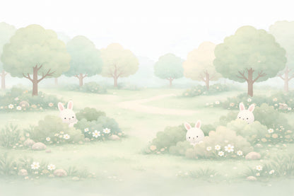 Kids-Mundo bunny wall mural artwork showing shy white bunnies peeking from a misty green forest