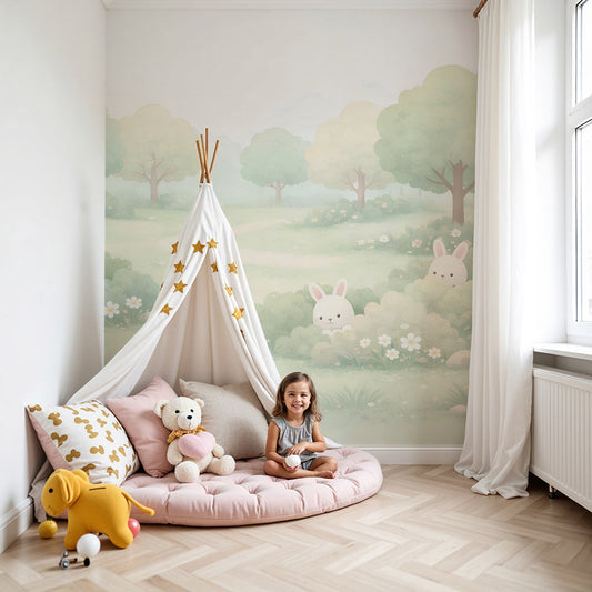 Kids-Mundo bunny wall mural with a misty green forest printed behind a nursery cot