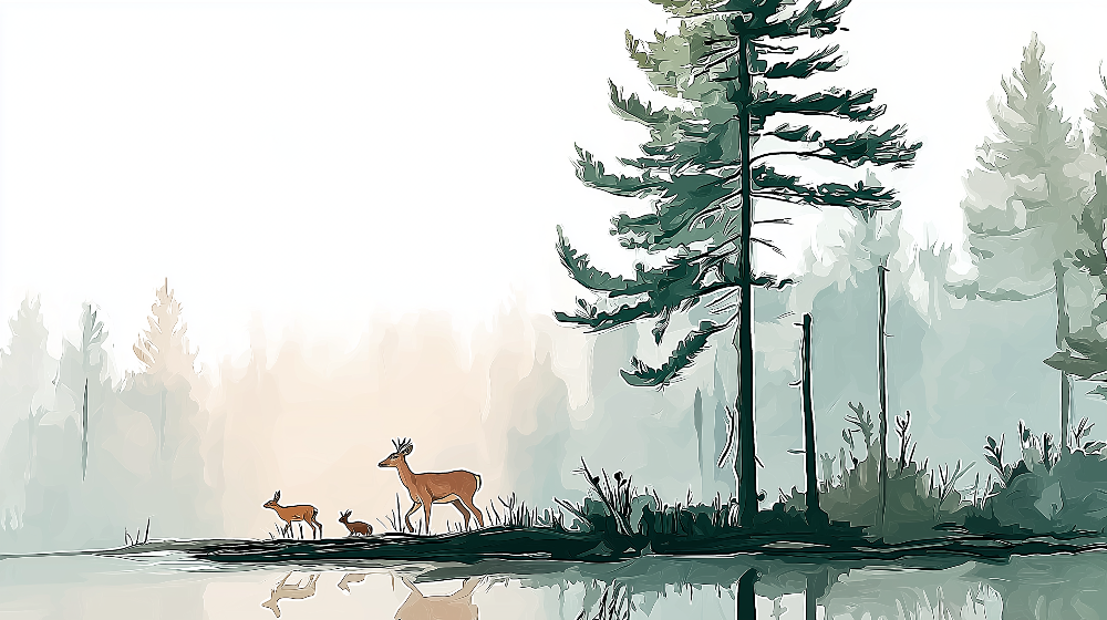 Deer Family by a Misty Forest Lake Wall Mural