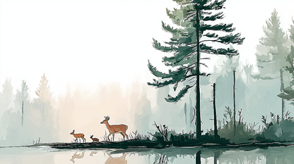 Kids-Mundo deer family by a misty forest lake wall mural artwork shown in full