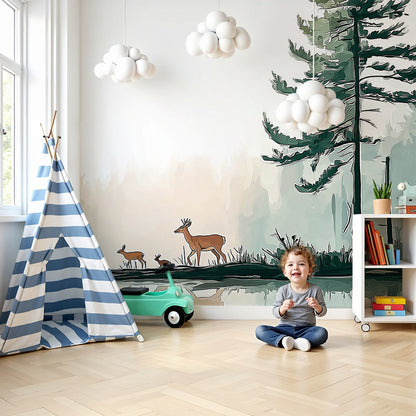 Kids-Mundo misty forest deer family wall mural styled in a calm neutral nursery