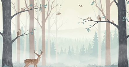 Kids-Mundo flat artwork of a deer and owls among misty blue-grey forest trees and branches