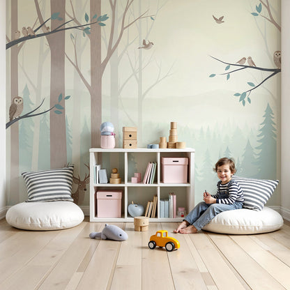 Kids-Mundo misty enchanted forest wall mural with deer and owls styled behind a cot in a nursery