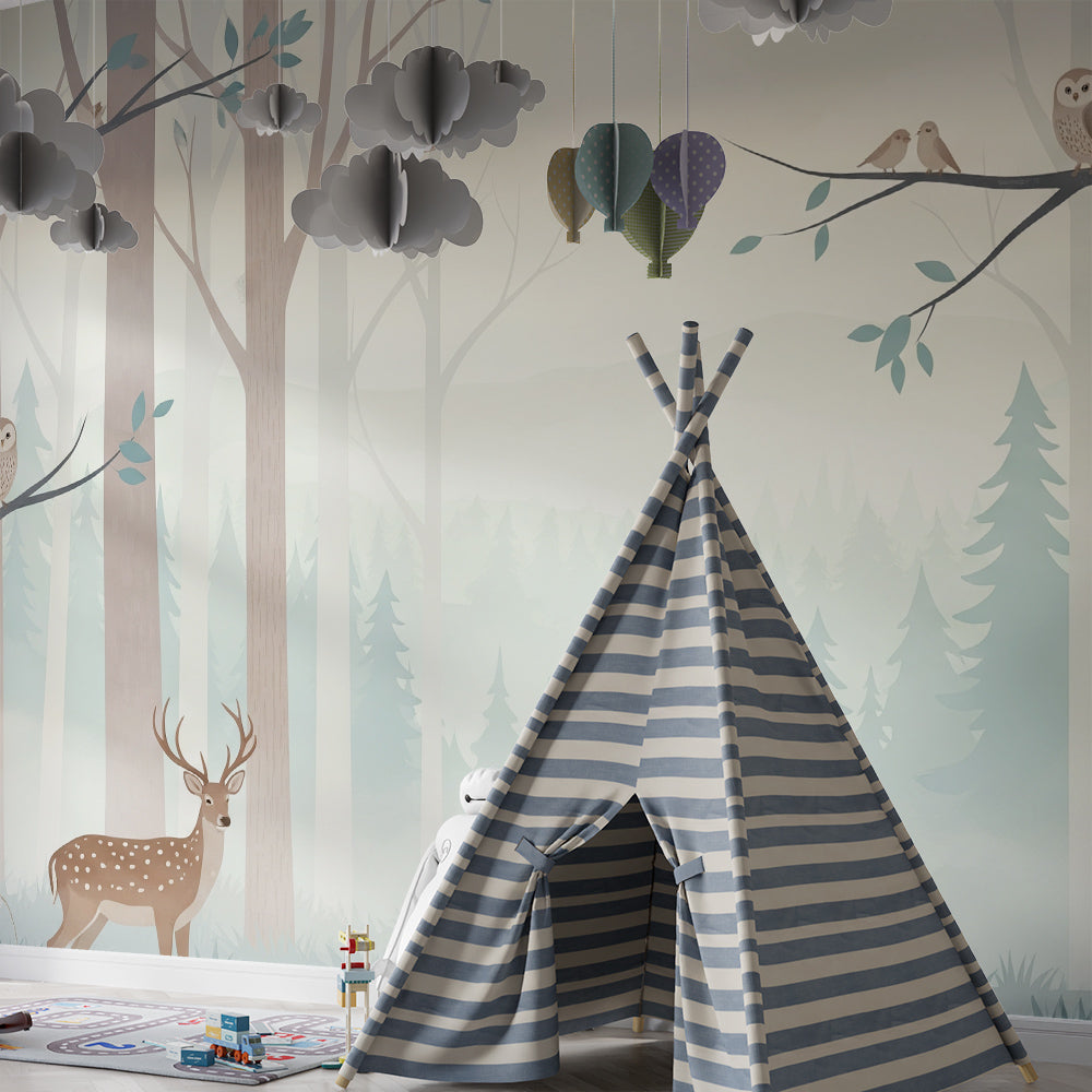 Kids-Mundo misty forest wall mural with owls and birds brightening a children's playroom