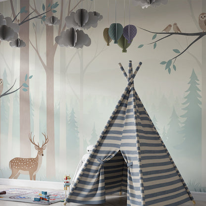 Kids-Mundo misty forest wall mural with owls and birds brightening a children's playroom