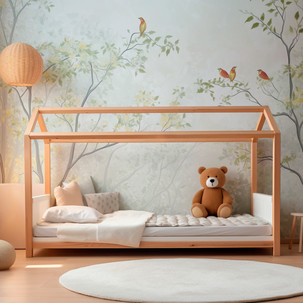 Pastel forest wall mural with songbirds styled in a playroom, Kids-Mundo wallpaper