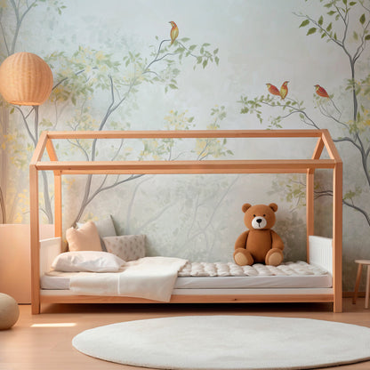 Pastel forest wall mural with songbirds styled in a playroom, Kids-Mundo wallpaper