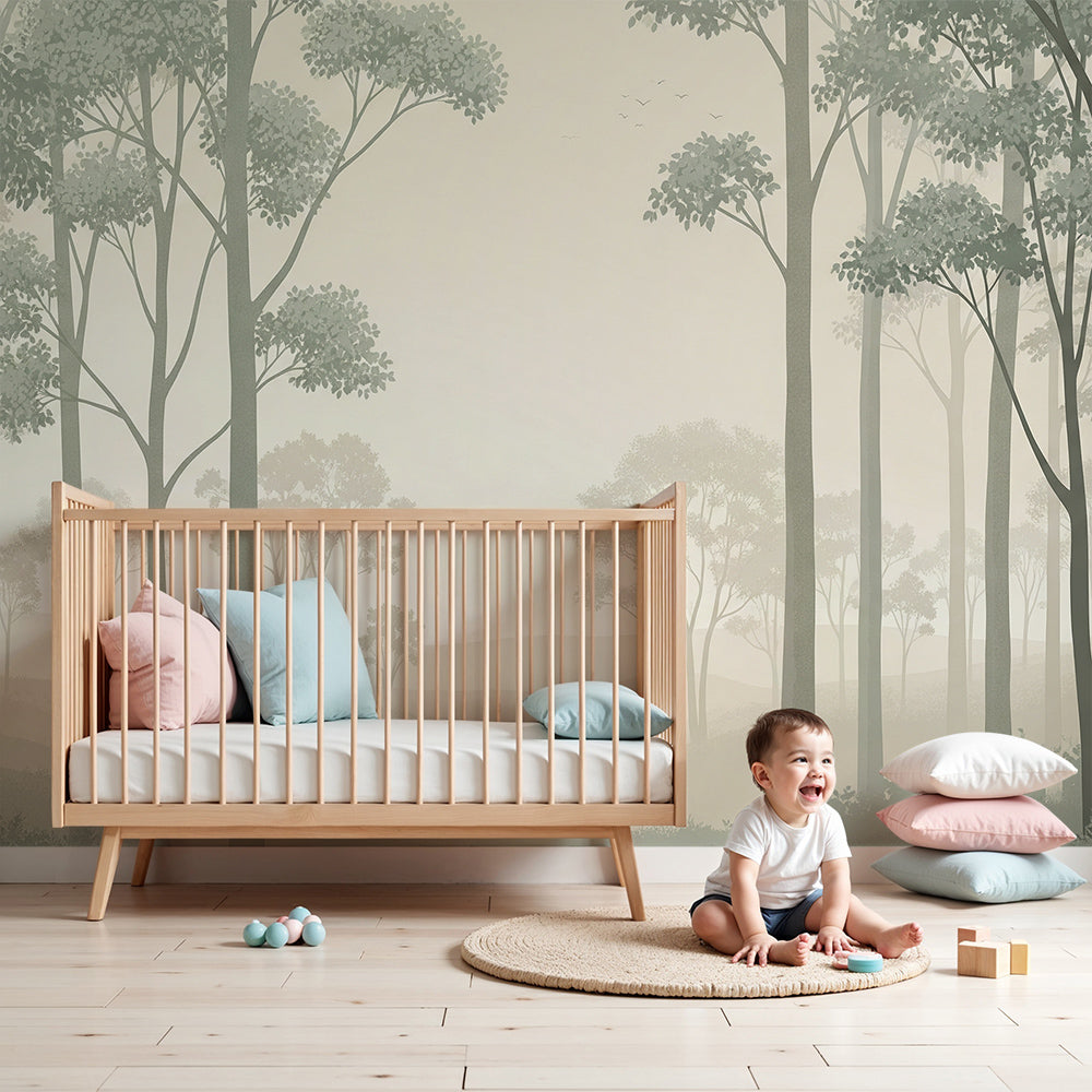 Kids-Mundo misty forest wall mural creating a calm, dreamy backdrop in a soft neutral nursery.