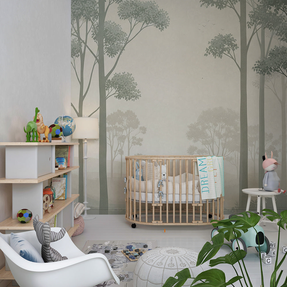 Kids-Mundo misty forest wall mural bringing a peaceful, nature-inspired feel to a children's playroom.