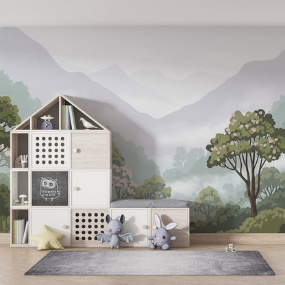 Kids-Mundo misty forest wall mural on a feature wall in a soothing kids bedroom.