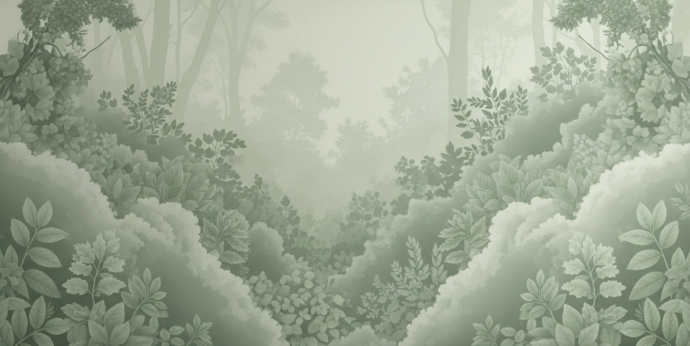 Kids-Mundo illustration of a layered misty forest in soft sage green mural artwork