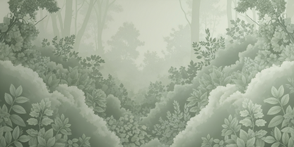Kids-Mundo illustration of a layered misty forest in soft sage green mural artwork