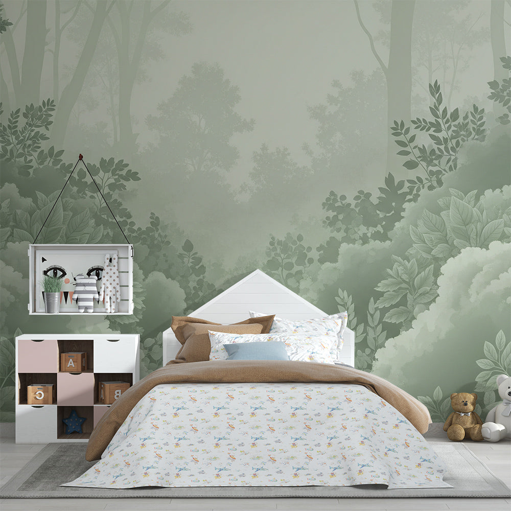 Kids-Mundo misty forest wall mural brightening a nature-inspired children's playroom