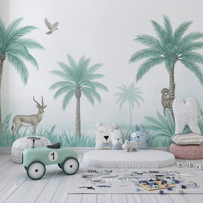 Kids-Mundo sage green jungle wall mural covering a calm kids bedroom wall