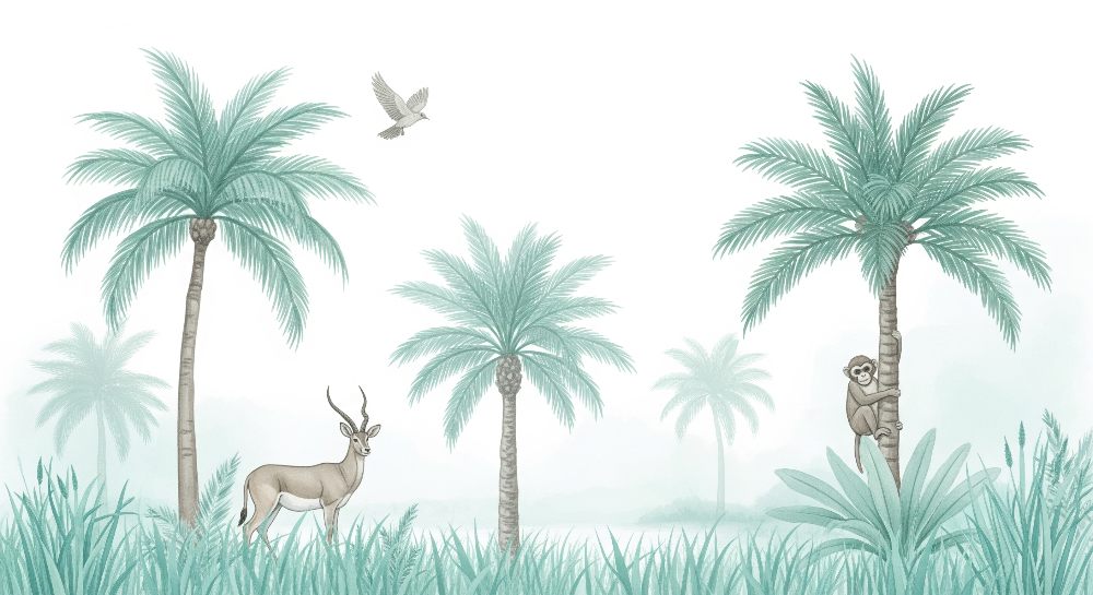 Kids-Mundo flat artwork of a misty sage jungle with an antelope, monkey and dove