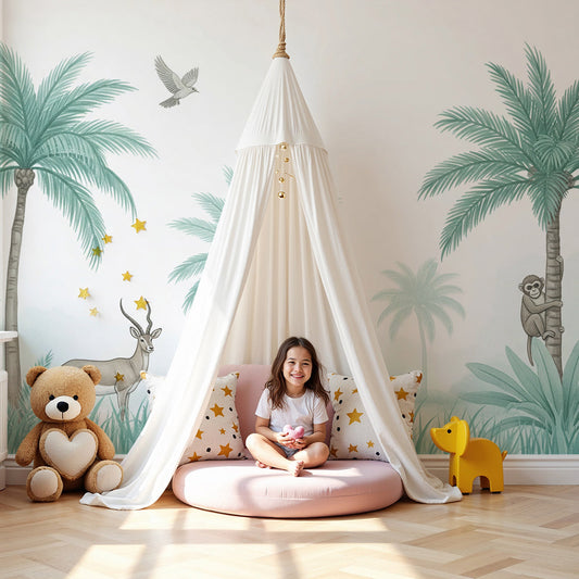 Kids-Mundo misty jungle antelope and monkey wall mural on a nursery wall behind a cot